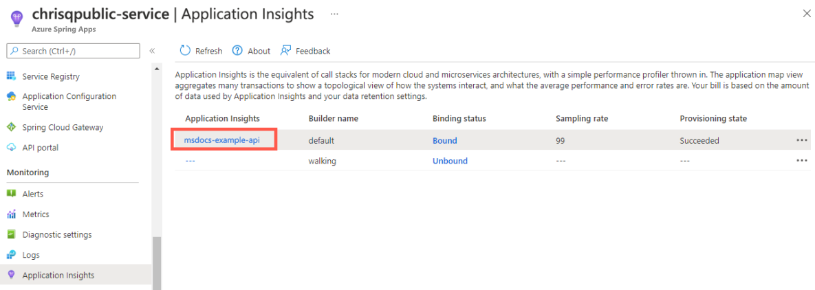 Application Insights 페이지가 있는 Azure Spring Apps 인스턴스가 표시된Azure Portal의 스크린샷.