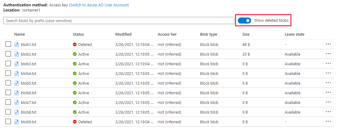 Azure Portal에서 일시 삭제된 Blob을 나열하는 방법을 보여 주는 스크린샷