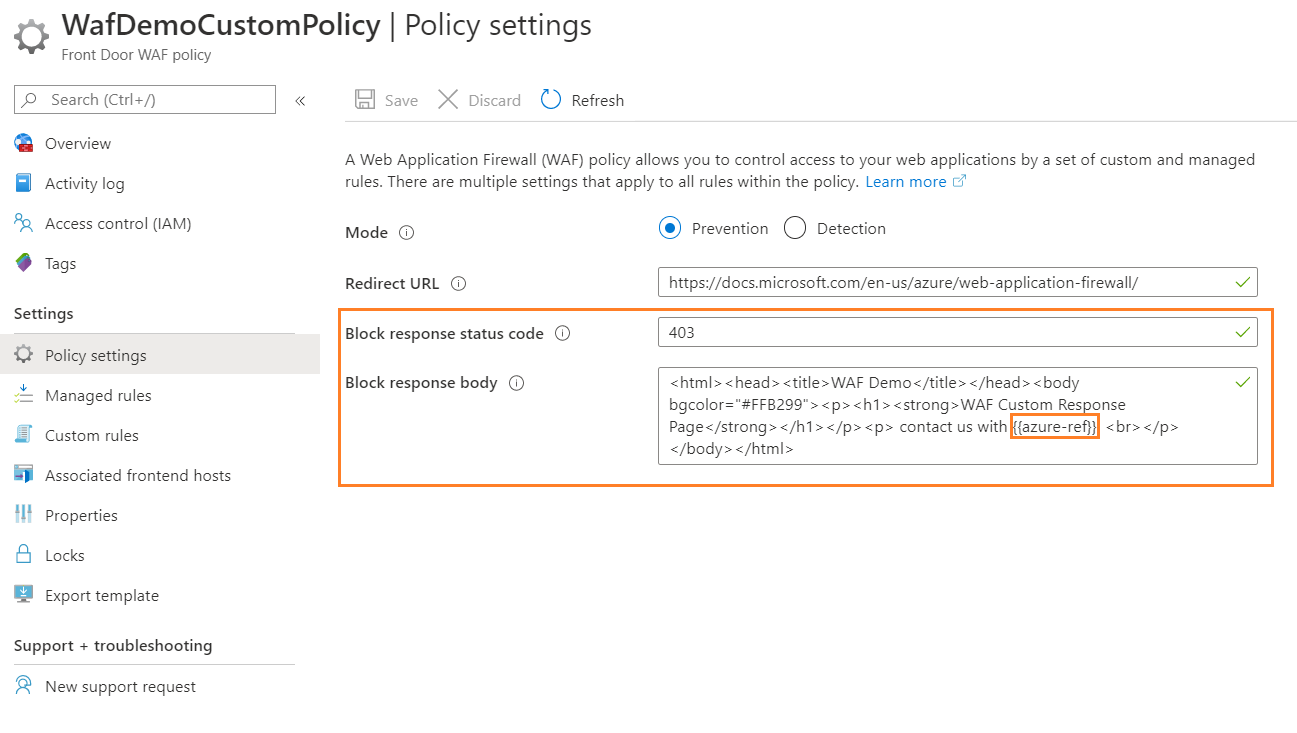 Azure Web Application Firewall 정책 설정을 보여 주는 스크린샷.