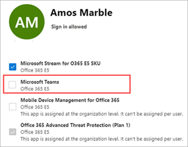 사용자에 대해 사용하지 않도록 설정된 Teams 라이선스의 스크린샷 1