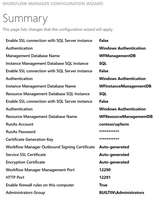 SharePoint 워크플로 관리자 구성 마법사의 요약 페이지를 보여 주는 스크린샷