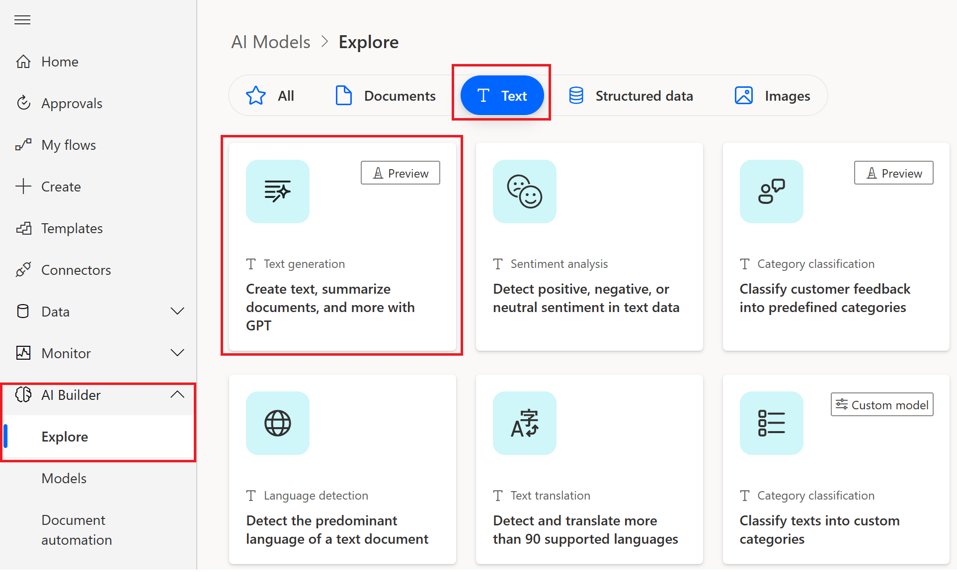 AI Builder 탐색 페이지의 텍스트 생성 기능 스크린샷.