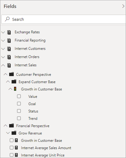 Power BI 필드 목록의 측정값 및 KPI