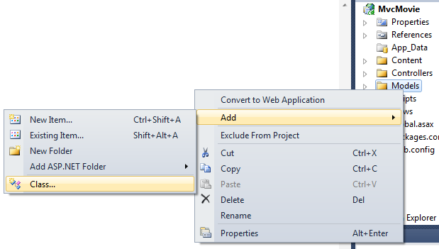 솔루션 탐색기 창을 보여 주는 스크린샷 모델 오른쪽 클릭 메뉴에서 추가가 선택됩니다. 하위 메뉴에서 클래스가 선택됩니다.