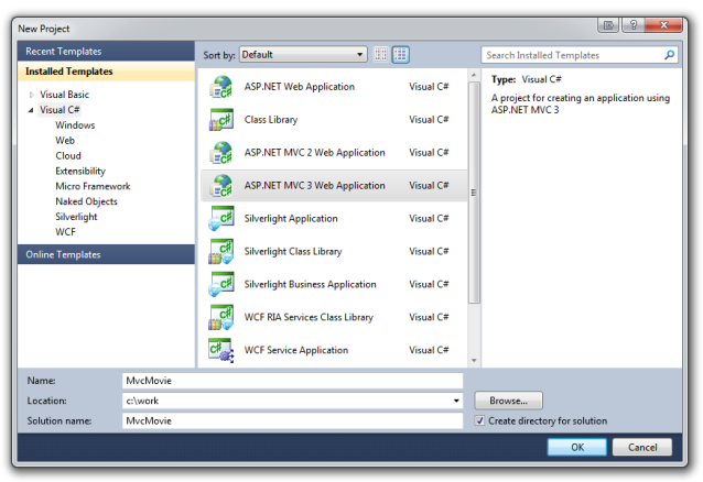 Visual Basic 또는 Visual C Sharp를 프로그래밍 언어로 사용하여 첫 번째 애플리케이션을 만드는 새 프로젝트의 스크린샷