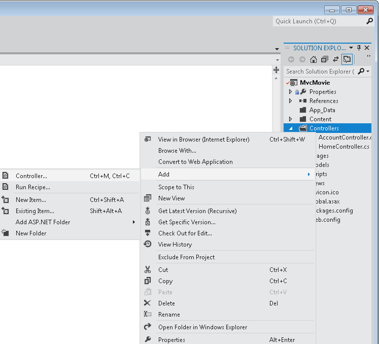 솔루션 탐색기 창을 보여 주는 스크린샷 컨트롤러 오른쪽 클릭 메뉴에서 추가가 선택되고 하위 메뉴에서 컨트롤러가 선택됩니다.