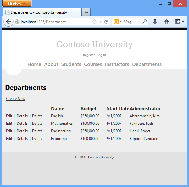 스크린샷은 Contoso University Departments 페이지를 보여줍니다.