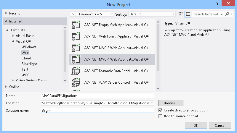 새 ASP.NET MVC 4 프로젝트 대화 상자