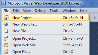 새 프로젝트를 만들기 위한 선택 및 바로 가기 키보드 명령을 보여 주는 Visual Web Developer 파일 메뉴의 스크린샷