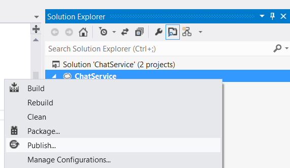 오른쪽 클릭 드롭다운 메뉴에 게시...가 표시된 솔루션 탐색기 화면의 Chat Service 프로젝트 스크린샷 옵션.