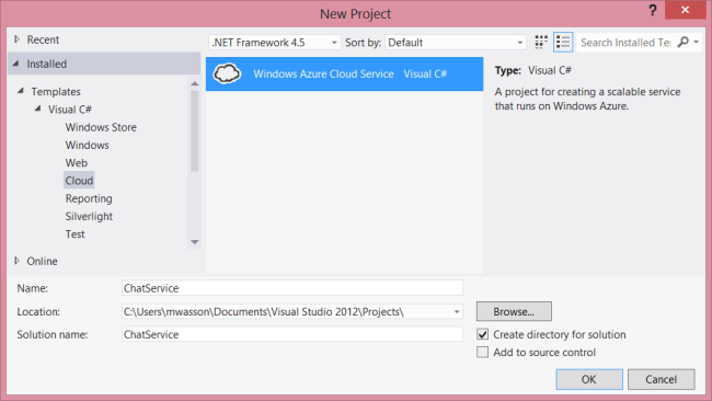 Windows Azure Cloud Service Visual C # 옵션이 강조 표시된 새 프로젝트 화면의 스크린샷.