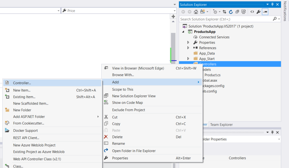 프로젝트에 컨트롤러 클래스를 추가하기 위한 시각적 지침을 표시하는 솔루션 탐색기 메뉴의 스크린샷