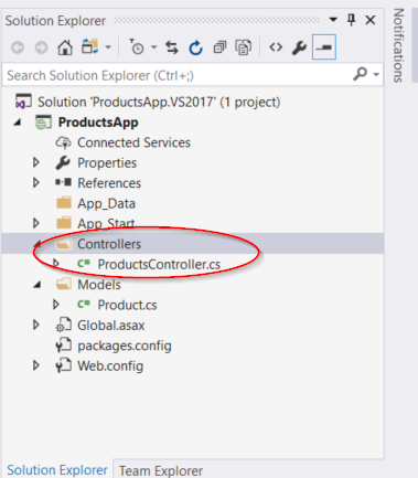 컨트롤러 폴더에서 'products controller dot C S'라는 새로 만든 옵션을 순환하는 솔루션 탐색기 메뉴 옵션의 스크린샷