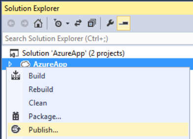 프로젝트를 배포하거나 게시하기 위해 수행할 단계를 강조 표시하는 솔루션 탐색기 창의 메뉴 옵션 스크린샷