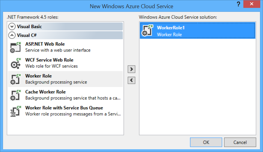 작업자 역할을 만드는 메뉴 옵션을 보여 주는 '새 Windows Azure Cloud Service' 대화 상자의 스크린샷