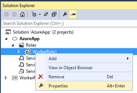 작업자 역할의 속성 설정을 선택하는 단계를 강조 표시하는 솔루션 탐색기 창 메뉴의 스크린샷