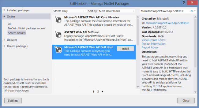 파란색으로 강조 표시된 Microsoft ASP dot Net Web API 자체 호스트를 보여 주는 NuGet 패키지 관리 대화 상자의 스크린샷