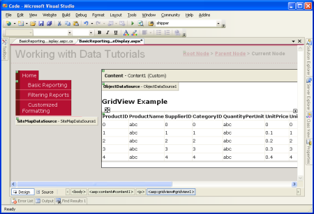 GridView가 페이지에 추가되고 ObjectDataSource에 바인딩되었습니다.