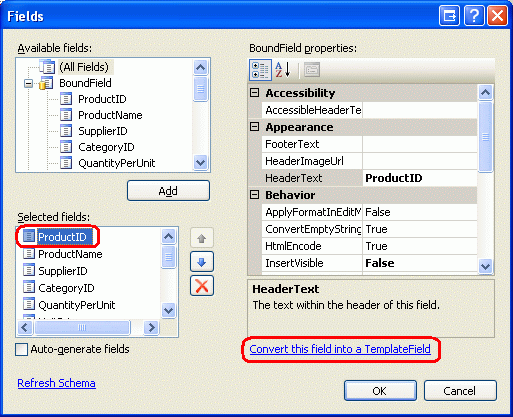 각 필드를 TemplateField로 변환