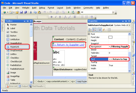 HyperLink 컨트롤을 추가하여 사용자를 다시 SupplierListMaster.aspx