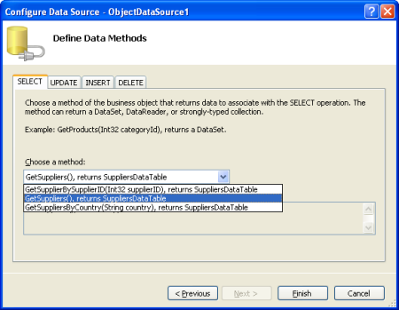 GetSuppliers() 메서드를 사용하도록 ObjectDataSource 구성