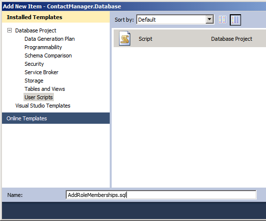 새 항목 추가 대화 상자에서 스크립트에 의미 있는 이름(예: AddRoleMemberships.sql)을 지정하고 추가를 클릭합니다.