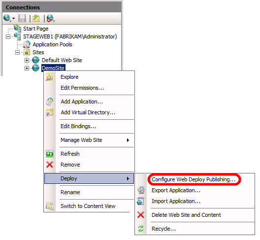 IIS 관리자의 연결 창에서 웹 사이트 노드(예: DemoSite)를 마우스 오른쪽 단추로 클릭하고 배포를 가리킨 다음 웹 배포 게시 구성을 클릭합니다.