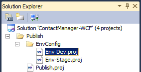 솔루션 탐색기 창에서 게시 폴더를 확장하고 EnvConfig 폴더를 확장한 다음 Env-Dev.proj를 두 번 클릭합니다.