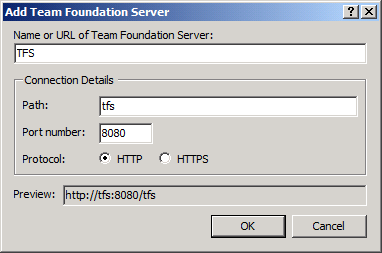 Team Foundation Server 추가 대화 상자에서 T F S instance 세부 정보를 입력한 다음 확인을 클릭합니다.