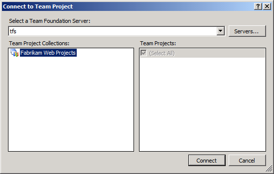 팀 프로젝트에 연결 대화 상자에서 연결할 TF S instance 선택하고 추가할 팀 프로젝트 컬렉션을 선택한 다음 연결을 클릭합니다.