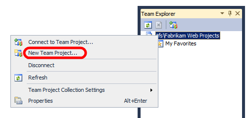 팀 Explorer 창에서 팀 프로젝트 컬렉션을 마우스 오른쪽 단추로 클릭한 다음 새 팀 프로젝트를 클릭합니다.