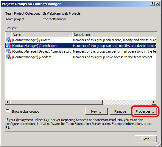 프로젝트 그룹 대화 상자에서 기여자 그룹을 선택한 다음 속성을 클릭합니다.