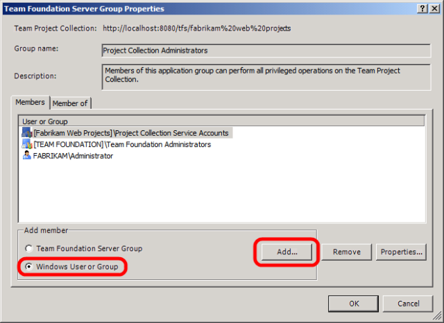 Windows 사용자 또는 그룹을 선택하고 추가하는 Team Foundation Server 그룹 속성 대화 상자의 스크린샷