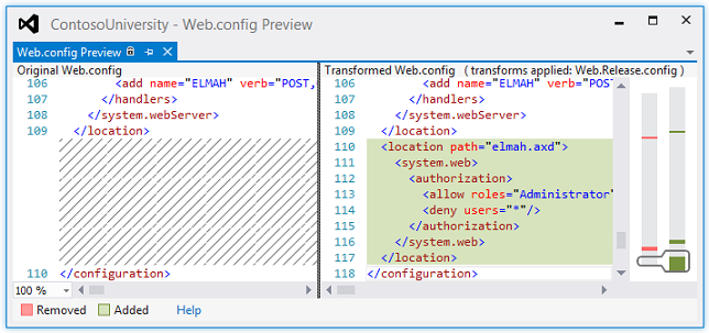 왼쪽에 개발 파일이 있는 Web.config 미리 보기 및 변경 내용이 강조 표시된 오른쪽에 배포된 파일의 모양을 보여 주는 스크린샷