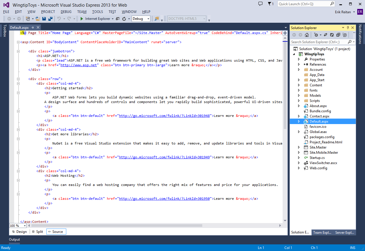 Default.aspx 페이지를 표시하는 웹용 Microsoft Visual Studio Express 2013 창의 스크린샷