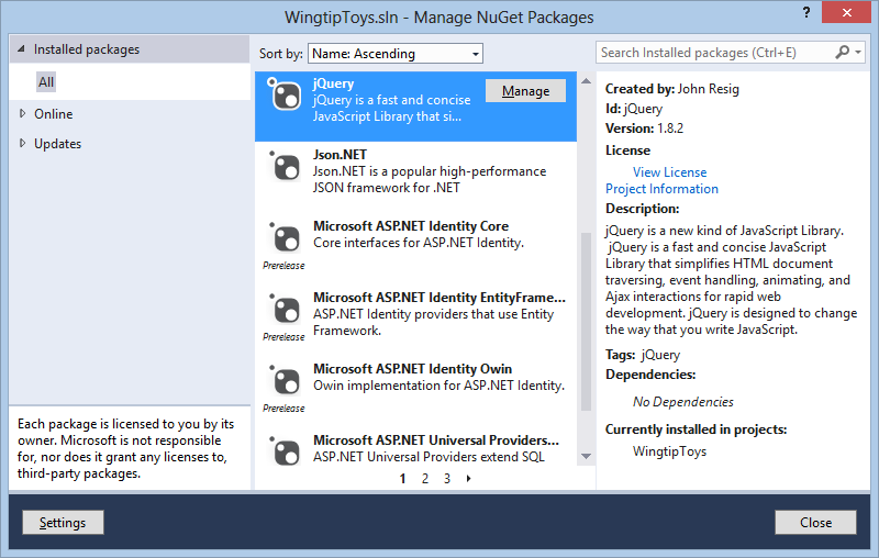 jQuery가 강조 표시된 NuGet 패키지 관리 창의 스크린샷