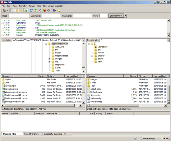 일부 ASP 점 Net 소스 코드 파일이 원격 서버에 복사되지 않은 것을 보여 주는 FileZilla FTP 클라이언트의 스크린샷