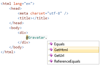 H T M L 가져오기 항목이 노란색으로 강조 표시된 Gravatar 도우미 IntelliSense 드롭다운 목록을 보여 주는 원본 편집기의 스크린샷