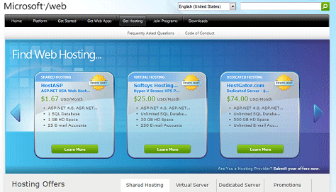 ASP dot Net을 지원하는 호스팅 공급자 목록을 보여 주는 Microsoft 웹 호스팅 찾기 페이지의 스크린샷