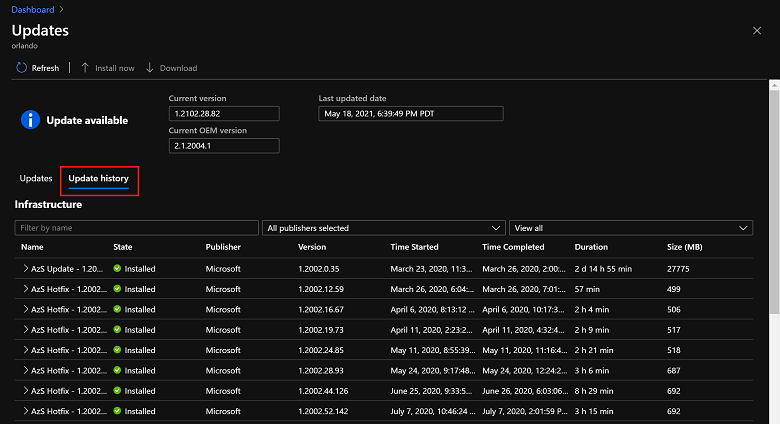 Azure Stack Hub 업데이트 기록