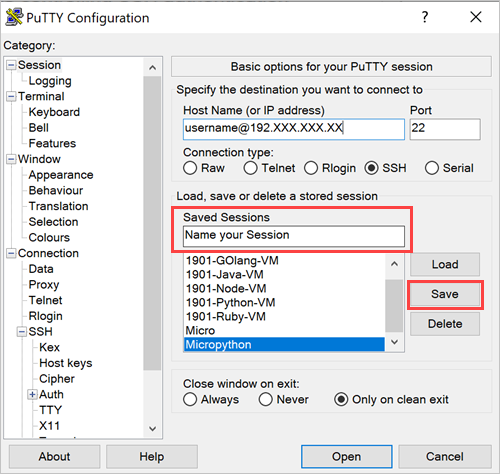 PuTTY 구성 창 