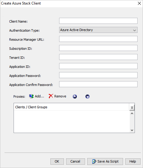 Azure Stack 클라이언트 만들기 대화 상자에는 클라이언트의 특성을 지정하기 위한 목록 및 텍스트 상자가 있습니다.