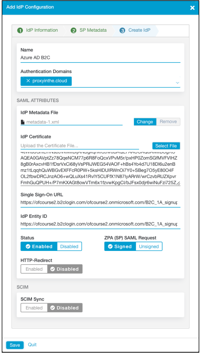 Screenshot of Enabled status, under SAML attributes, on the Add IdP Configuration pane.