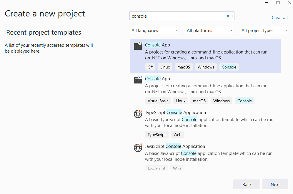 Visual Studio 2022의 새 프로젝트 페이지 만들기 스크린샷.