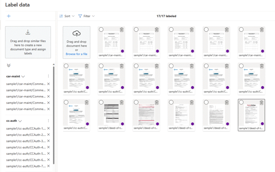 Document Intelligence Studio의 사용자 지정 분류 모델 레이블 지정 스크린샷