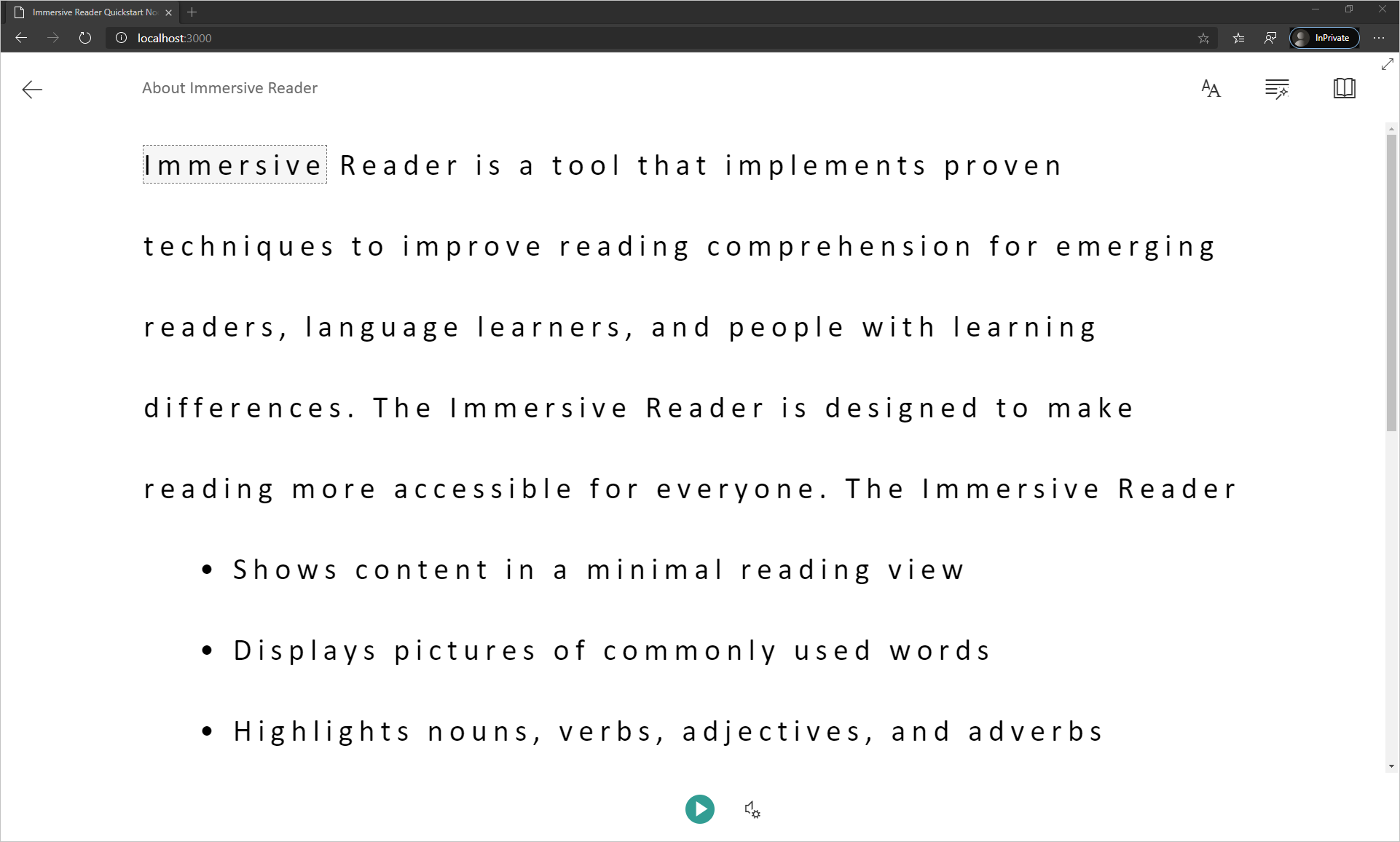 Immersive Reader 앱의 스크린샷.