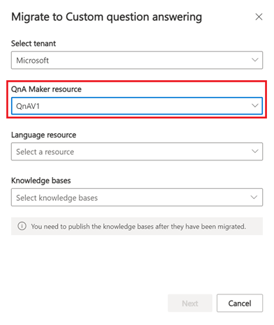 QnAMaker 리소스 선택 옵션 주변에 빨간색 선택 상자가 표시된 Migrate QnAMaker