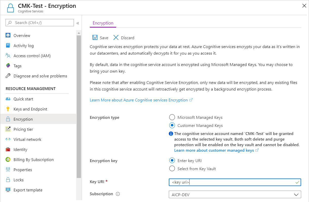 Azure AI 서비스 리소스의 암호화 페이지 스크린샷. 키 URI 입력 옵션이 선택되어 있고 키 URI 상자에 값이 포함되어 있습니다.