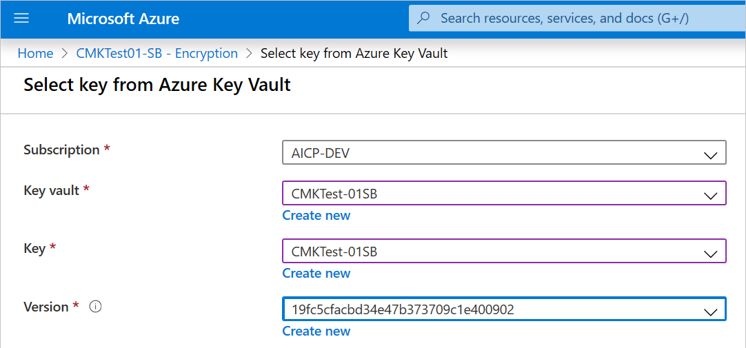 Azure Portal에서 Azure Key Vault 페이지의 키 선택 스크린샷. 구독, 키 자격 증명 모음, 키 및 버전 상자에 값이 있습니다.