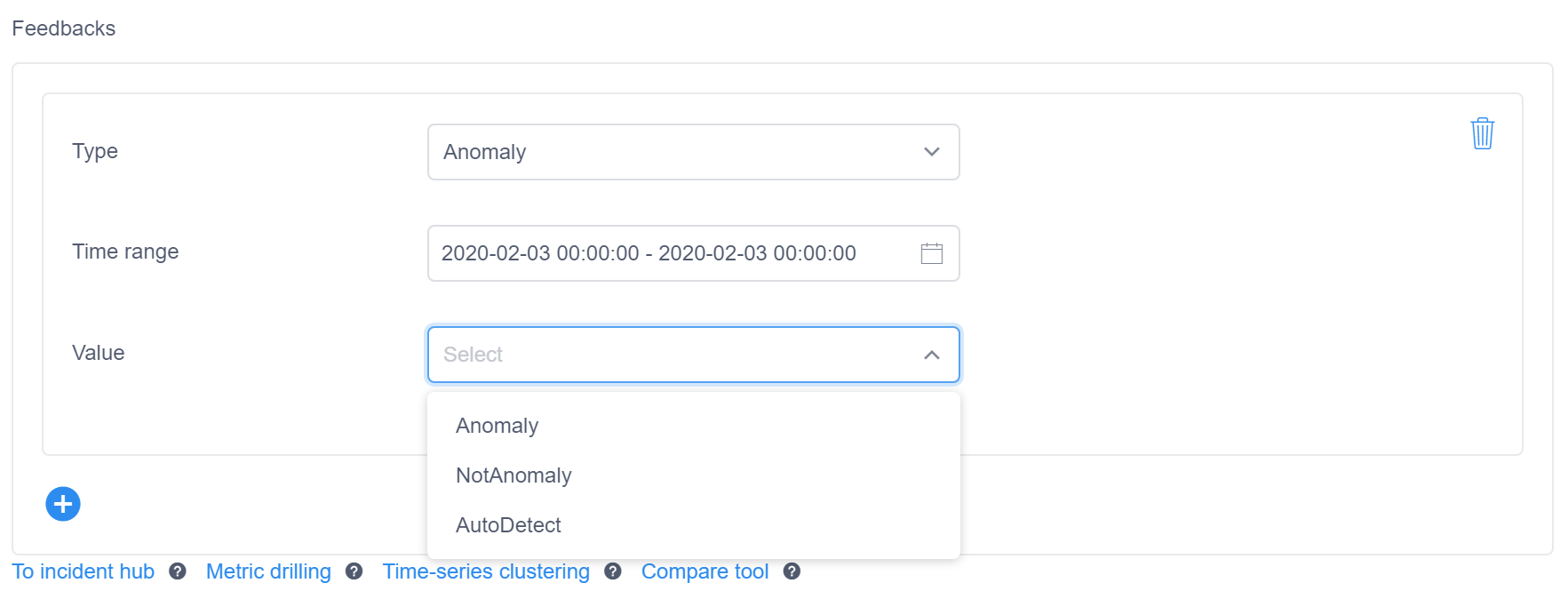 Anomaly, NotAnomaly, AutoDetect 선택 항목이 있는 드롭다운 메뉴